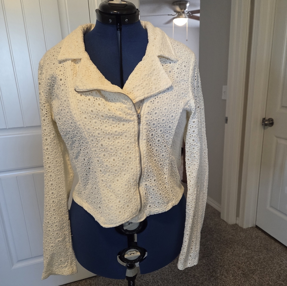 Maurices Cream Eyelet Lace Zip-Front Moto Jacket